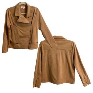 Mazik Camel Faux Suede Moto Jacket Women's Zip Pocket Lightweight Blazer Sz S